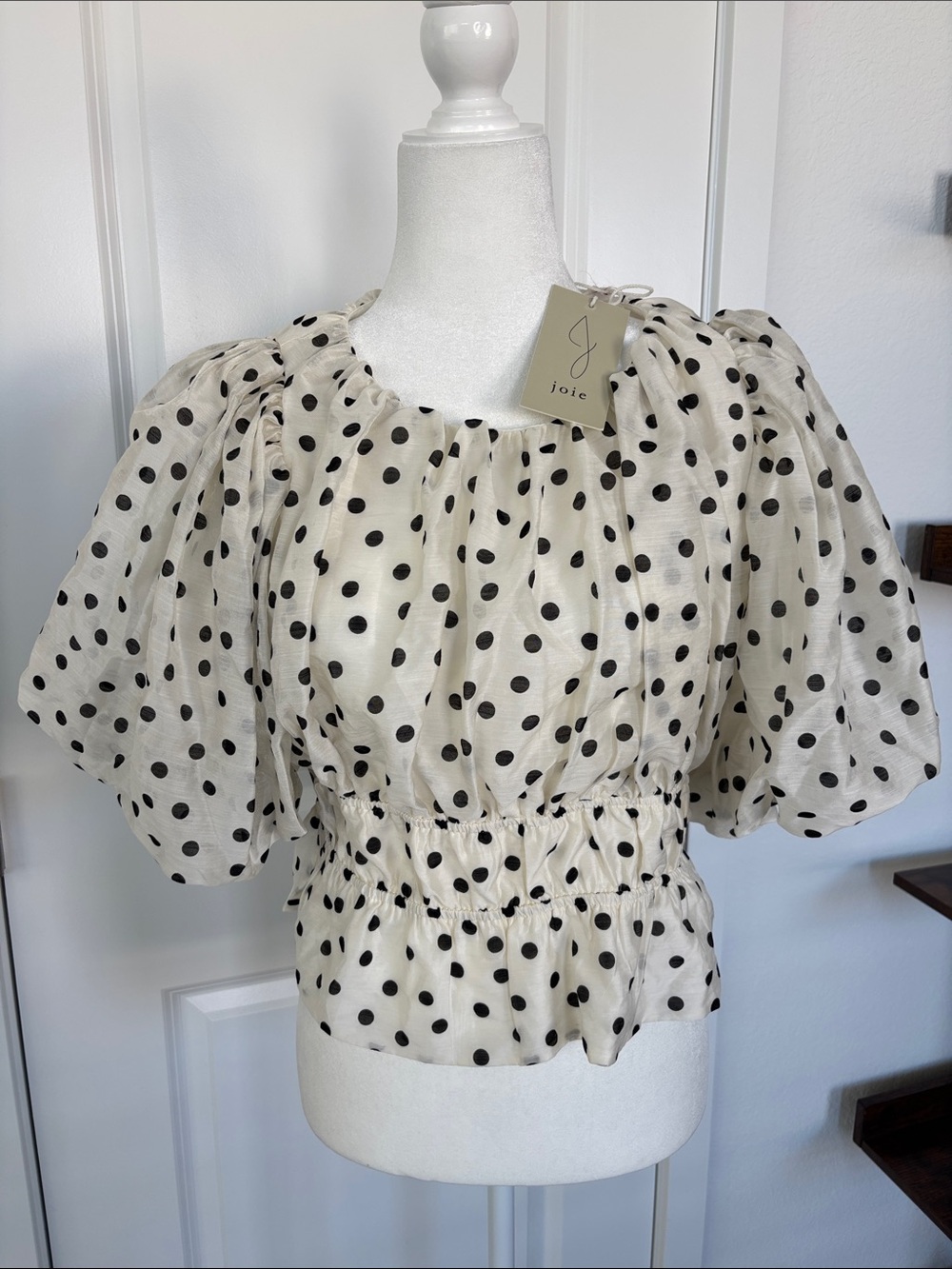 Joie Cream & Black Polka Dot Puff-Sleeve Blouse NWT